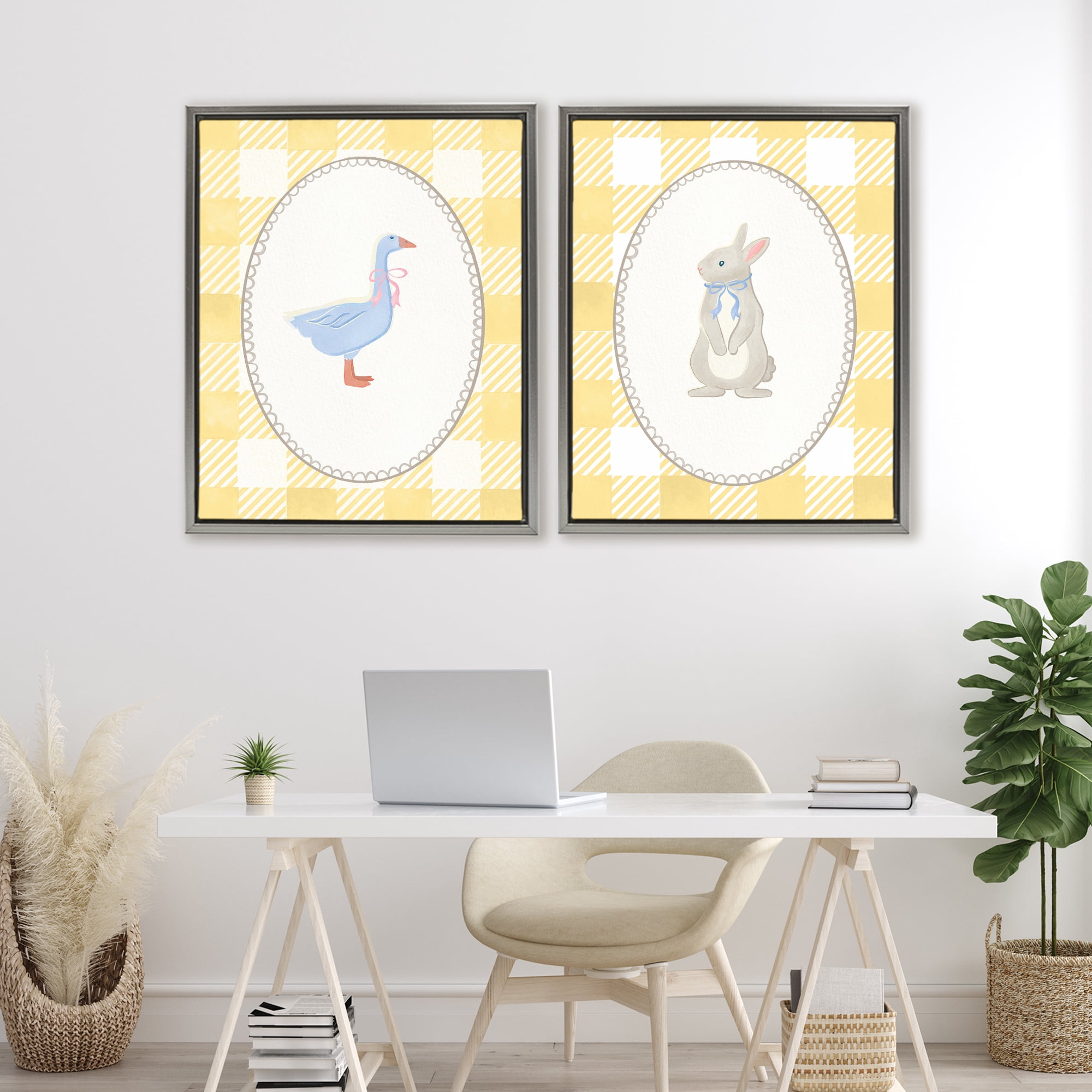 Stupell Industries Goose & Bunny Yellow Gingham 2 Piece Gray Framed Floater Canvas Set, design by The Paper Curator