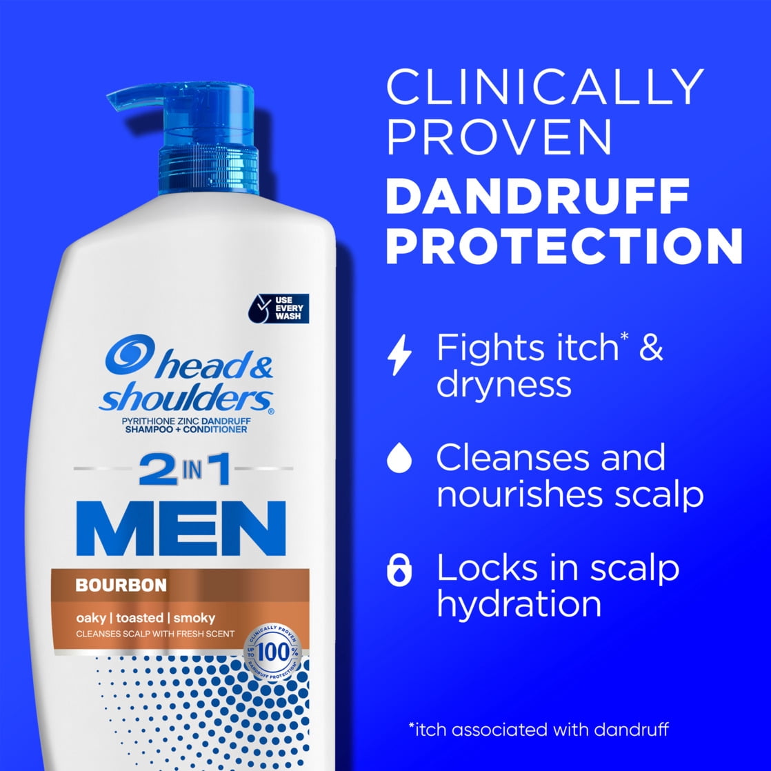 Head and Shoulders Mens 2 in 1 Dandruff Shampoo and Conditioner, Anti-Dandruff Treatment, Bourbon for Daily Use, Paraben Free, 28.2 oz