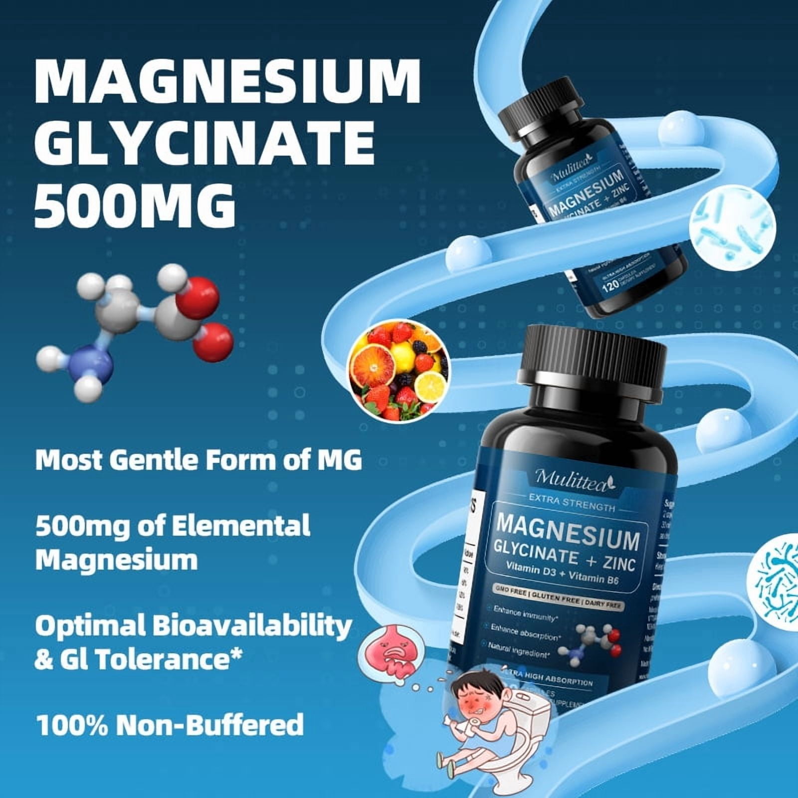 (2 Pack)Magnesium Glycinate Powder Capsules 500 mg - Heart,Muscle & Bone Health Support -120 Capsules
