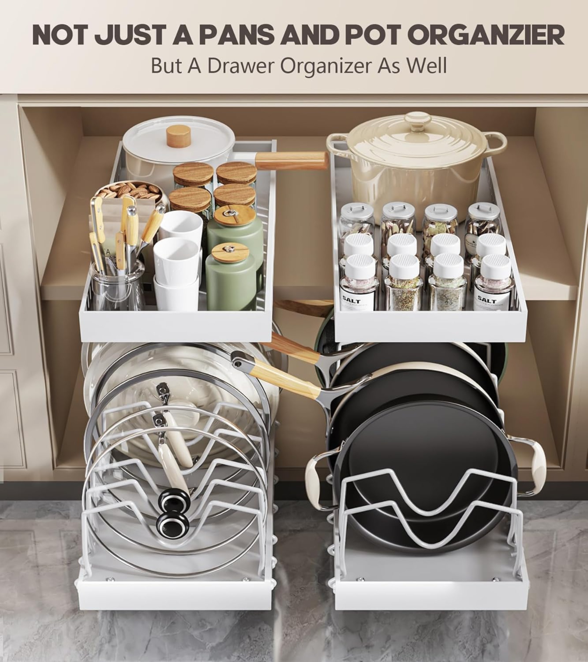 2-Pack Pull Out Pots and Pans Organizer for Under Cabinet, Sliding Pot Lid Holder and Pan Rack with 8 Adjustable Dividers, No-Drill Slide Out Kitchen Storage for Cookware, Bakeware, Dishes