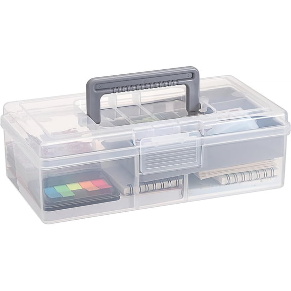Plastic Carry Storage Box with Removable Dividers, Clear Art Craft Storage Bin Sewing Box With Handle Lid, 2 Layers Stationery Storage Case for School/Office Supplies
