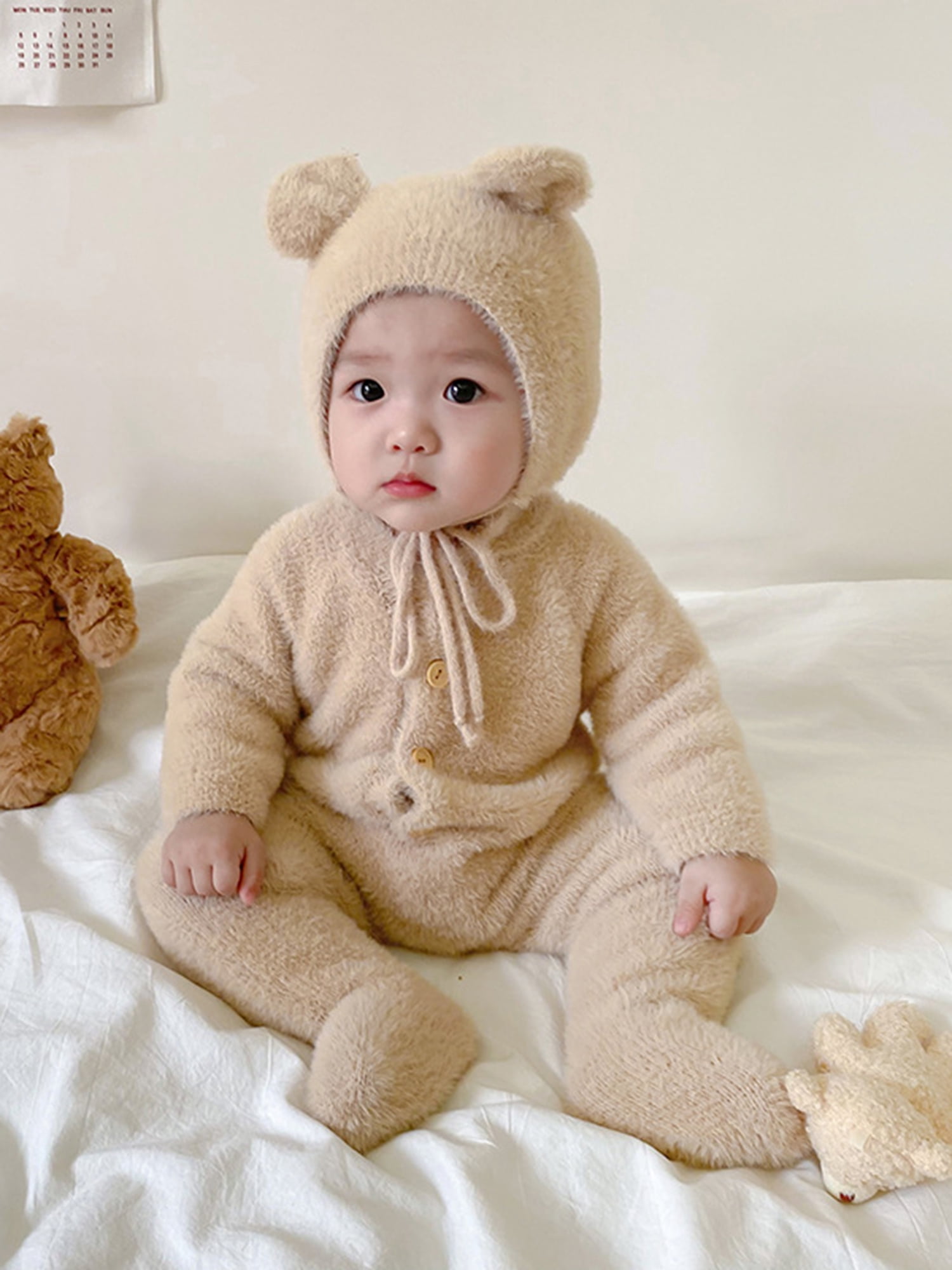Arvbitana Infant Baby Girl Boy Plush Jumpsuit Long Sleeve Round Neck Button Closure Solid Color Playsuit  + Hat Winter Warm One Pieces Clothes for Infant 2Pcs 0-24M
