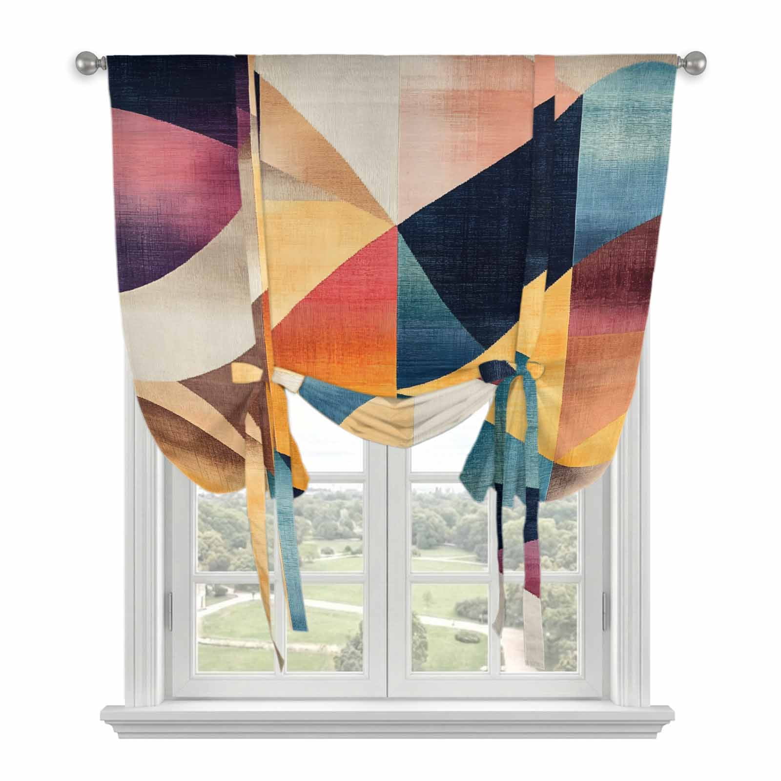 Abstract Geometric Tie Up Curtains for Windows, Adjustable Rod Pocket Valance Shade, Orange Neutral Modern Art Light Filtering Window Treatment for Kitchen Bedroom Living Room 34"x 45"