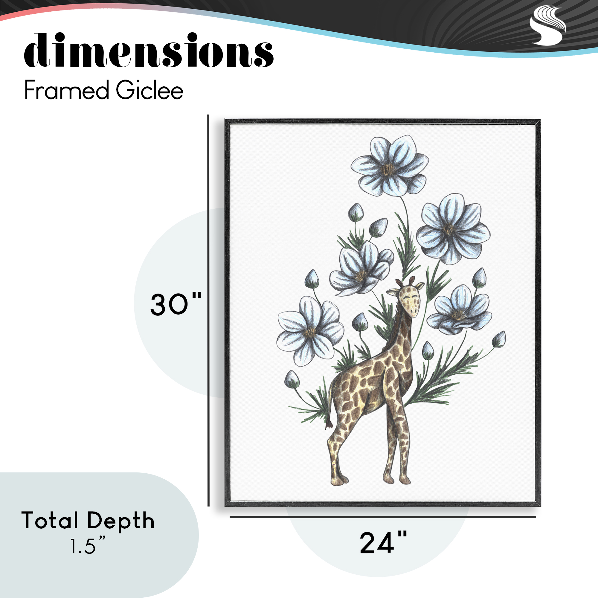 Giraffe with Flower Blossoms Black Framed Giclee Art, design by Cecilia Battaini