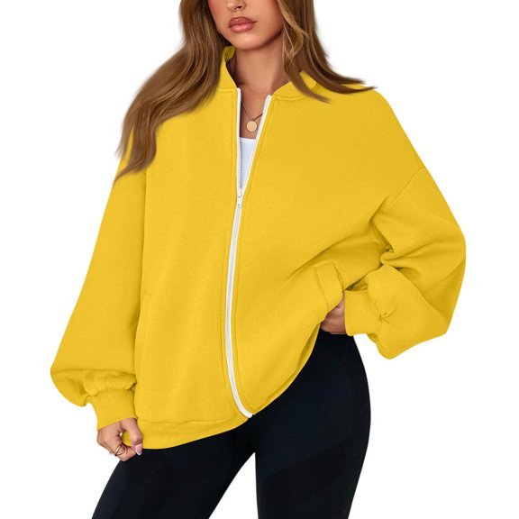 Womens Zip Up Jacket No Hood Casual Spring Fall Lightweight Oversized Bomber Jacket Trendy Hoodless Sweat Jacket M