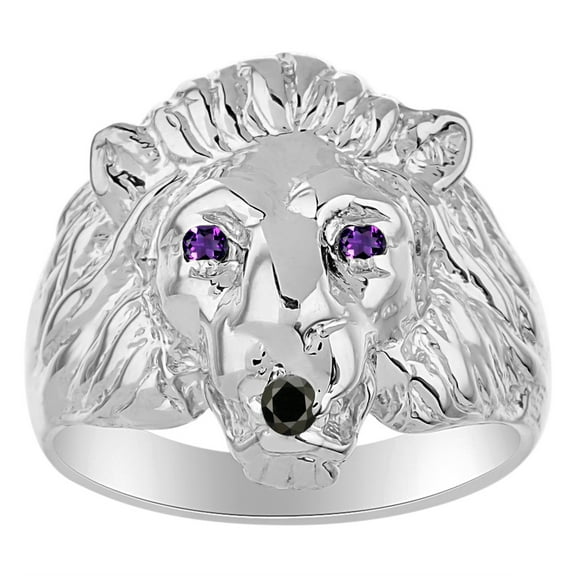 RYLOS Lion Head Ring Black Diamond Mouth & Gemstone Eyes Fun Designer Rings Amethyst Sterling Silver Jewelry Size 6