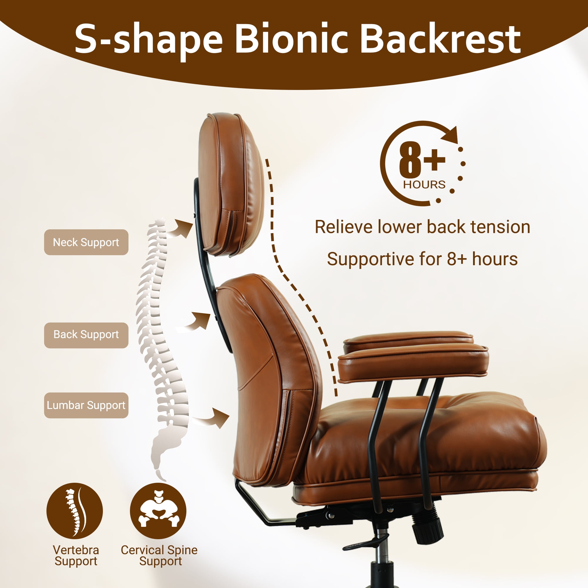 Vcatnet Ergonomic Executive Office Chair, High Back Computer Chair with Lumbar Support, PU Leather Mid-Century Modern Adjustable Home Office Desk Chair, Brown