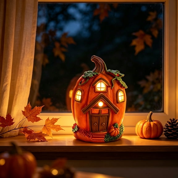 Homellea Lighted Pumpkin House Decor, Resin Pumpkin Cottage with Warm LED Glow for Tabletop, Mantel, Shelf, Windowsill, Entryway, Halloween, Thanksgiving and Fall Harvest Decor, 4.72 Inch