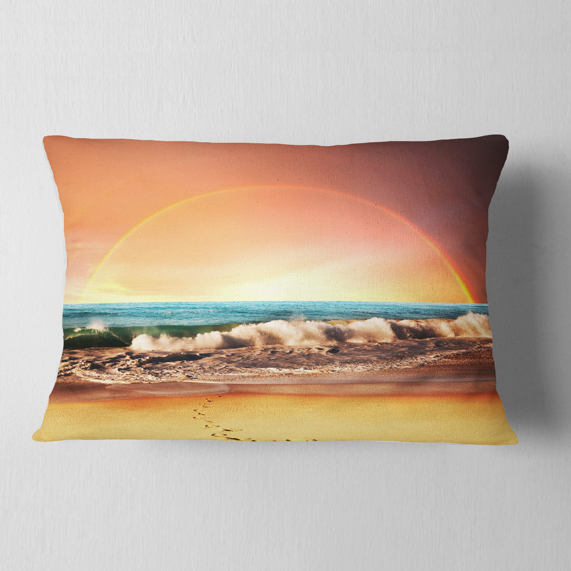 Designart Majestic Rainbow over Seashore - Landscape Wall Throw Pillow - 12x20