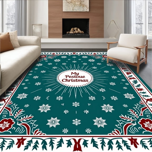 ODIKA 4'x6' Machine Washable Non-Slip Area Rug, Jolly Season Entryway Greeting Front Porch Doormat Celebration High Traffic Rug, Teal, 737637