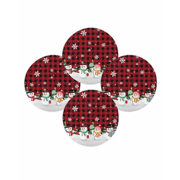 Christmas Round Placemats Set of 4 Winter Snowman Place Mats Woven Placemat Cute Red Buffalo Plaid Snowflake Pine Tree Circle Braided Table Mat for Kitchen Dining Table Party Home Decor 15 Inch