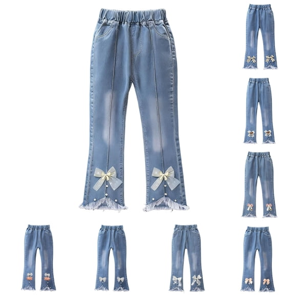 Asxite Toddler Girls Jeans Solid Floral Flared Elastic Waist Summer Casual Loose Breathable Pants 2-13Y