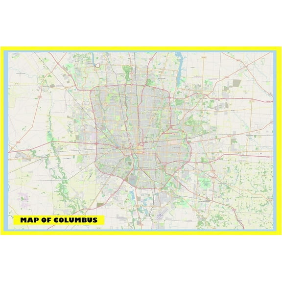Map of Columbus 18x24 with Neighborhoods, Streets, Roads, Highways and Parks - Laminated Wall Map Poster Print - Vivid Imagery with Bright Colors