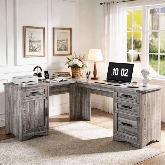 Easoger 67" L-Shaped Desk with Charging Station & Storage, Farmhouse Executive Office Desk with 4 Drawers & Locking File Cabinet, USB/Type-C Ports, Grey