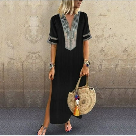 Womens Cotton Linen Maxi Dress Short Sleeve Casual Kaftan Tunic Gypsy Ethnic