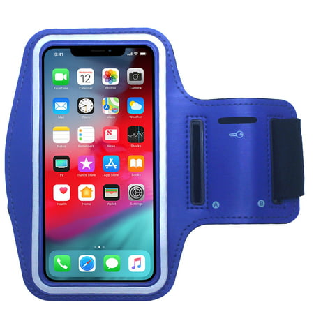 CBUS Blue Water Resistant Cell Phone Armband Running Sports Case for Apple iPhone X, XR, 8, 7, 6S, 6, SE, 5S, 5C, 5 - Adjustable, Reflective, with Screen (Best Armband For Iphone 5c)