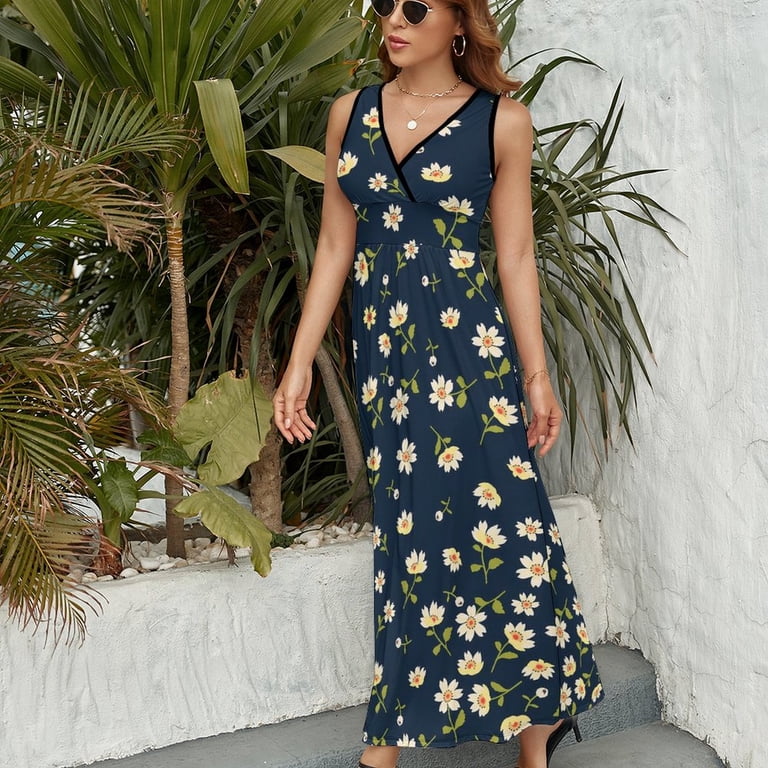 Maxi Dress Yellow And Blue Daisies Dress Floral Print Street Fashion  Bohemia Long Dresses High Waist Graphic Oversized Vestidos - Walmart.com