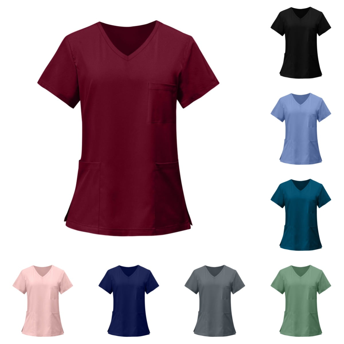 Domuza Women Scrub Tops Casual Soft Stretchy Short Sleeve V-Neck Tee Shirts Breathable Comfort Nurse Uniforms Blouses with Multiple Pocket Wine M