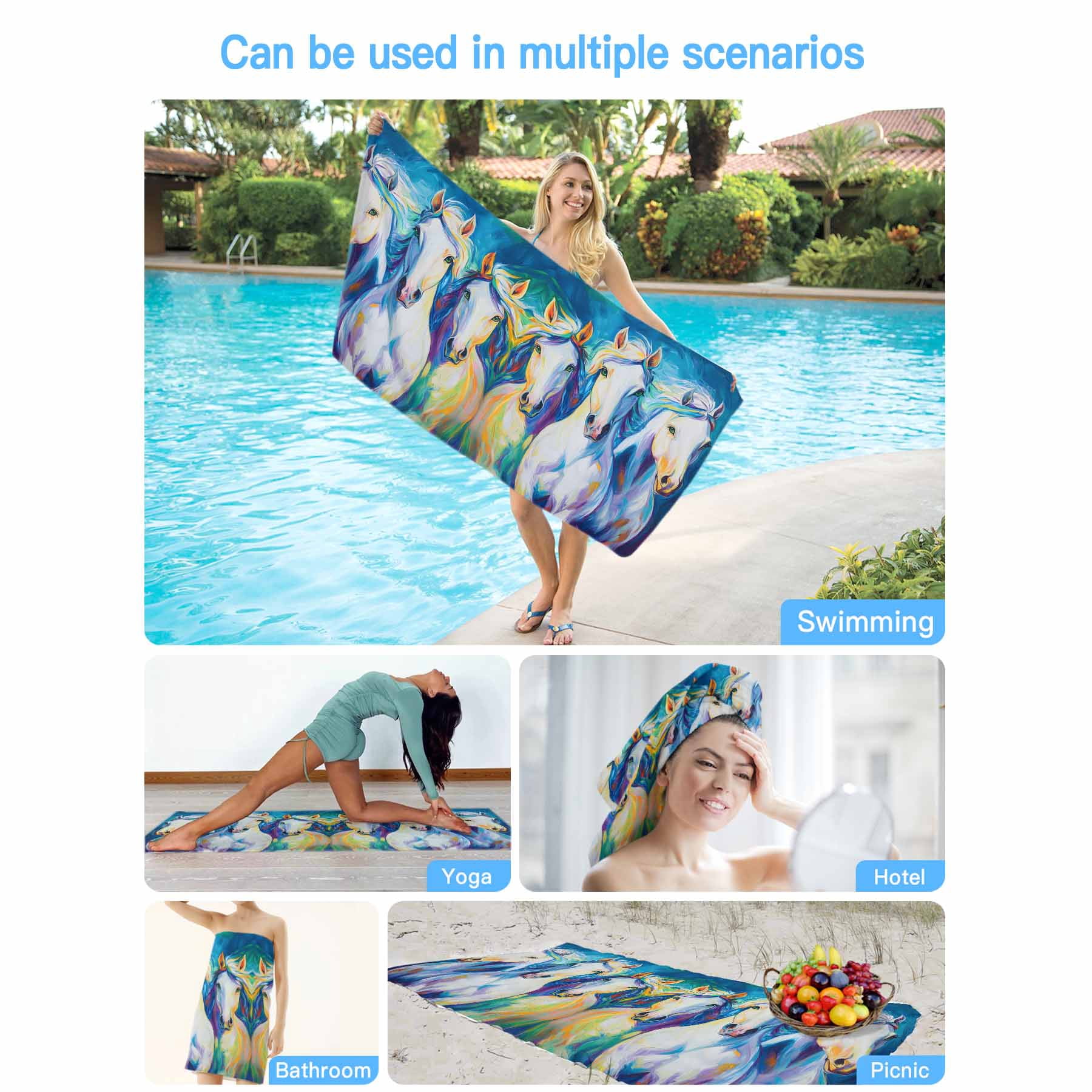 Watercolor Horse Pattern Beach Towels Blanket Soft&Absorbent Quick Dry Microfiber White Blue Turquoise Green Pool Towels for Swimming ,Yoga, Sports, Gym, Camping,Large 30X60in,