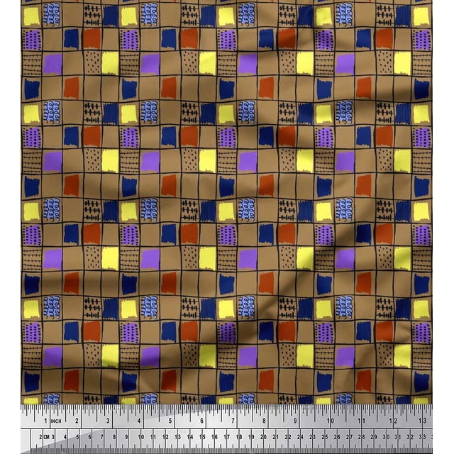 Soimoi Georgette Viscose Fabric Check & Brush Stroke Abstract Print Fabric by The Yard 42 Inch Wide