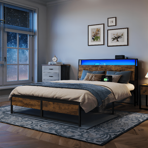 LINSY LIVING Queen Size Platform Bed Frame with Headboard and 3 Storage Shelves, Metal Bed with