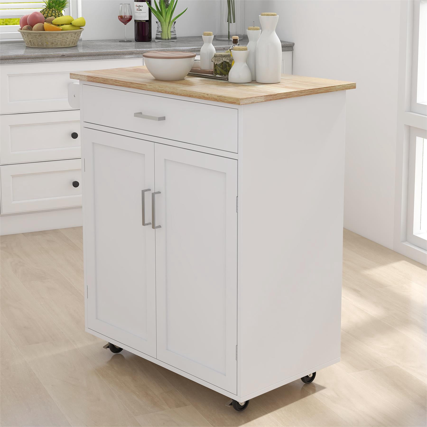 Kitchen Island with Storage, Kitchen Cart with Drawer and Countertop, 2 Doors Storage Cabinet for Dining Room Living Room, White