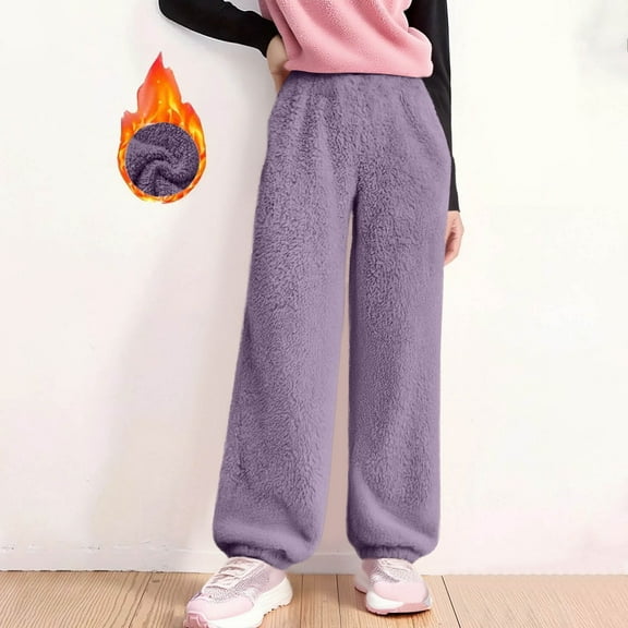 Boys Girls Fuzzy Fleece Pajama Pants Elastic Waist Wide Leg Baggy Sweatpants Kids Winter Warm Trouser New Girls' Sweatpants with Pockets Purple 7 Years