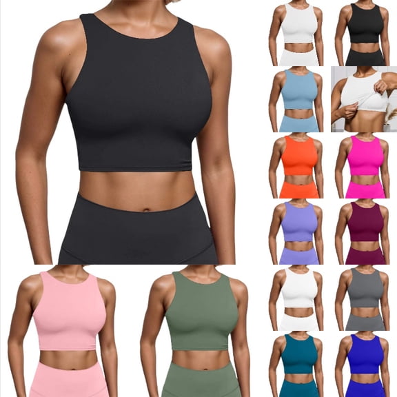 Krdevn Women's High-Neck Longline Sports Bra Built-In Support Crop Tank Top for Yoga & Gym,XL