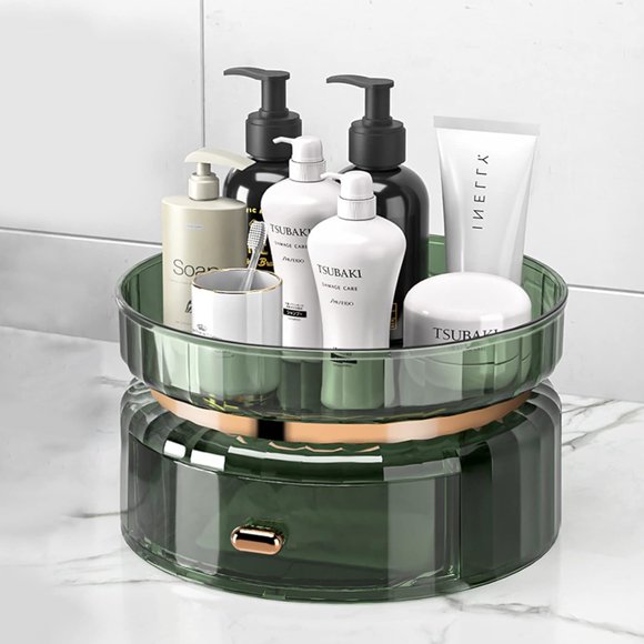 Rotating makeup organizer, large capacity cosmetic display rotating makeup rack with drawer, for bathroom vanity perfume skincare lipstick eye shadow