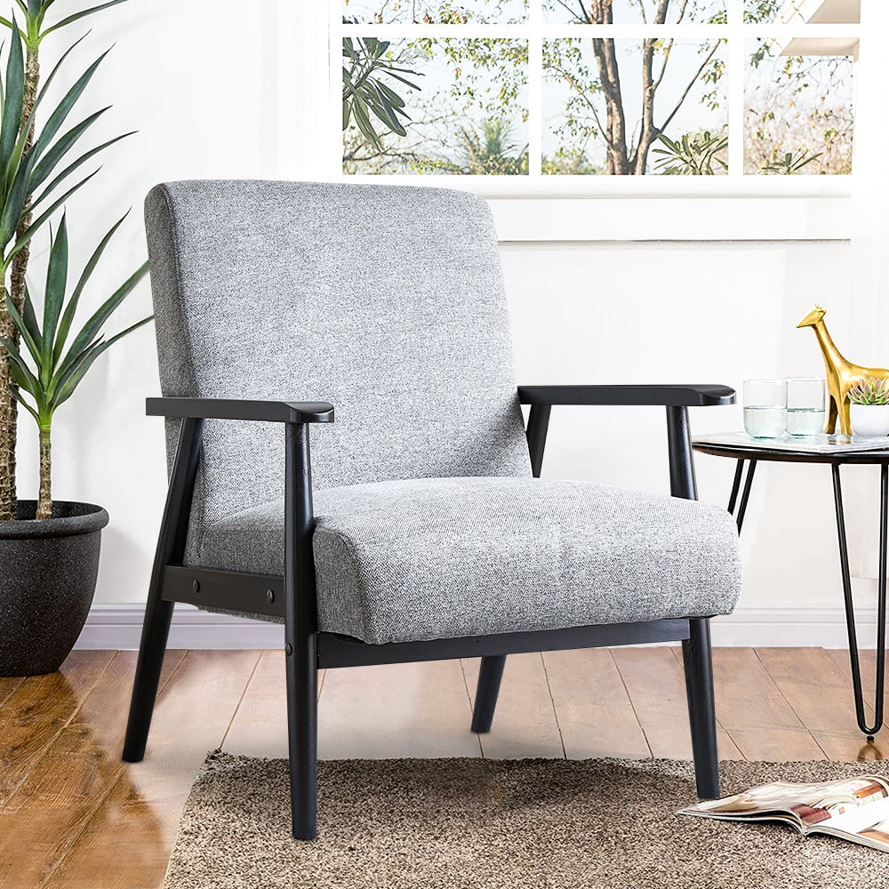 Grey Fabric Accent Chair Mid Century, Wooden Armchair For Living Room