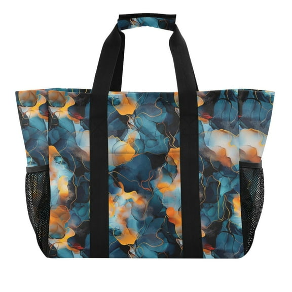Dark Blue and Orange Marble Reusable Grocery Bags with Handle Side Pocket Waterproof Shopping Portable Tote