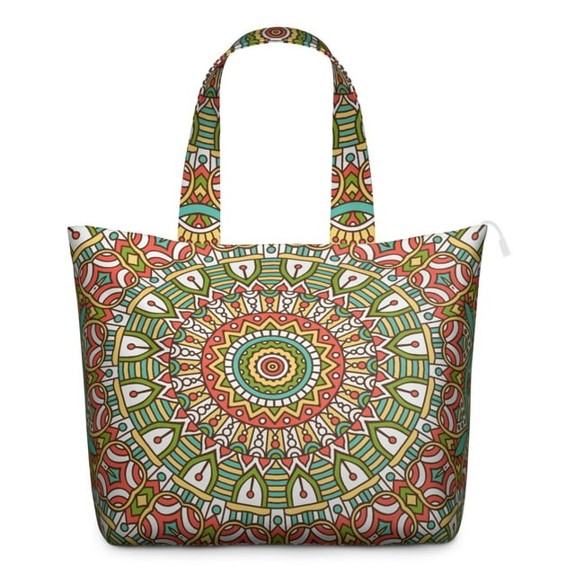 Zen Mala Art Duffel Abstract Trippy Meditation Tote with Healing Ornament Pattern, Psychedelic Relaxation Inspired Weekender