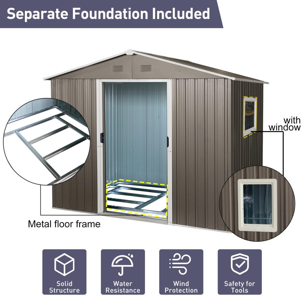 Ventilated 8x6 FT Outdoor Tool Shed - Features Window, Sliding Doors with Padlock & Galvanized Steel Construction