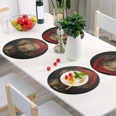 

Round Grid Placemat One Sizex1 Round Placemat PVC Plate Mat，15.4 Inch Non-Slip and Heat Resistant Table Placemat Dining Room Placemat Christmas Yellow Dog