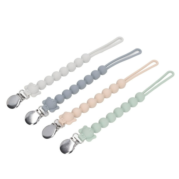 4 piezas de cadena para chupete de bebé, que evita que se suelte, con abrazadera firme, de silicona suave, color blanco, gris, verde y rosa