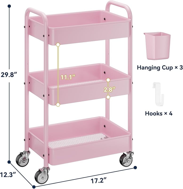 3 Tier Rolling Cart - Metal Utility Cart with Wheels, Hanging Cups, Hooks, Heavy Duty Mesh Rolling Storage Cart Organizer, Craft Cart for Kitchen Office, Lightweight and Sturdy