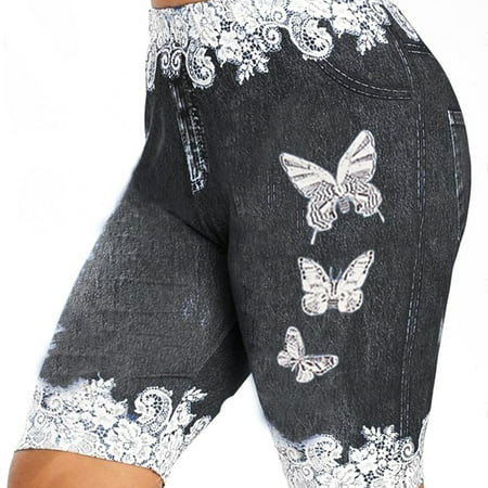Lovaru Women Butterfly Print Faux Denim Jean Shorts