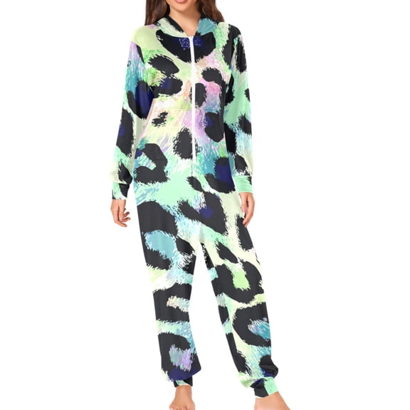 Neon Colored Leopard Skin Adult's Hoodie Onesie Jumpsuit One-Piece Pajamas with Zipper Unisex for Holiday S