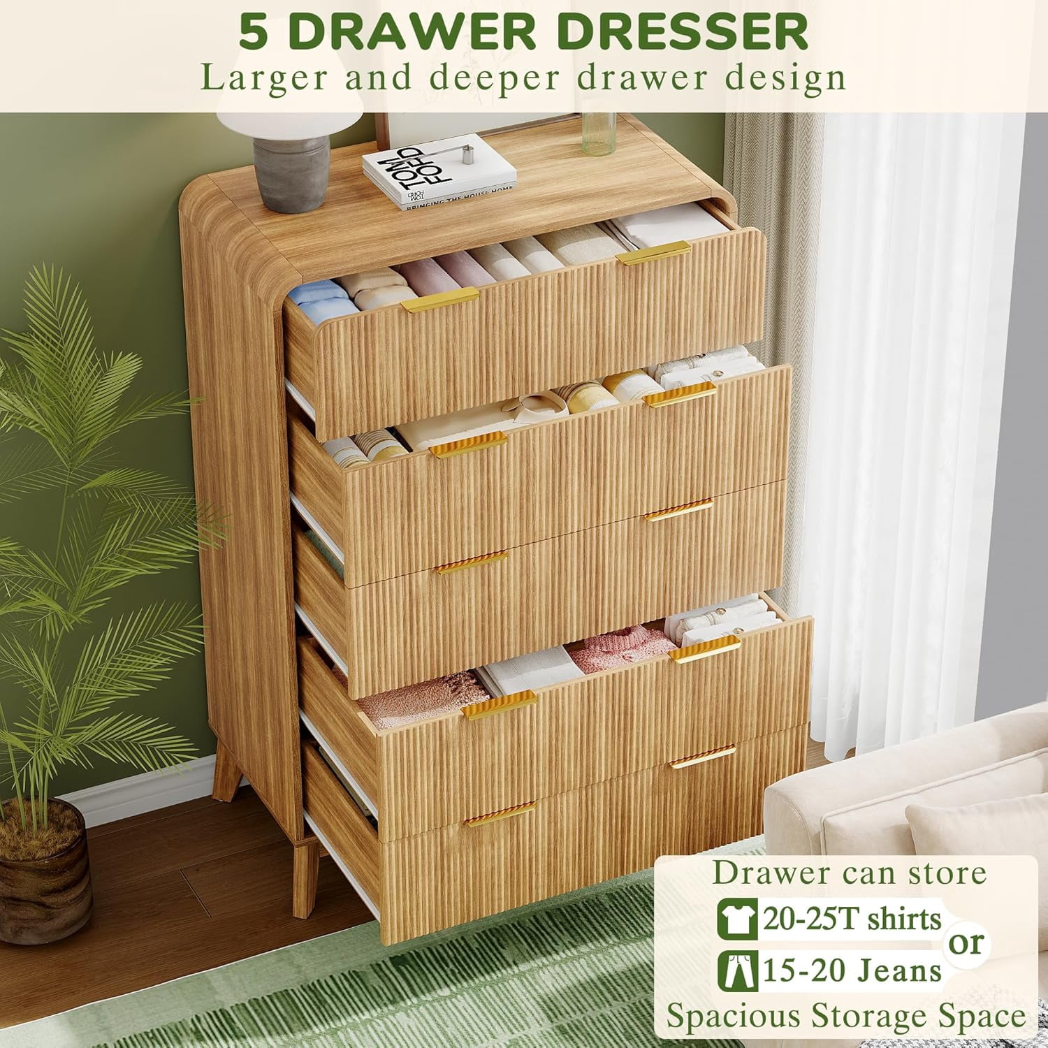 Akaber Tall Dresser, 5 Drawer Dresser for Bedroom, Fluted Dresser with Curved Profile, Organizer Storage for Living Room Entryway