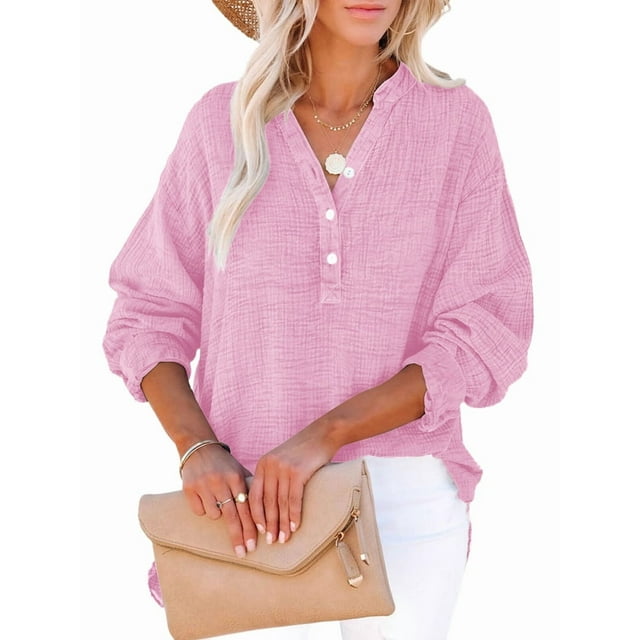 Womens Casual Button V Neck Long Sleeve Shirts Oversized Solid Blouses Tops Pink XXL