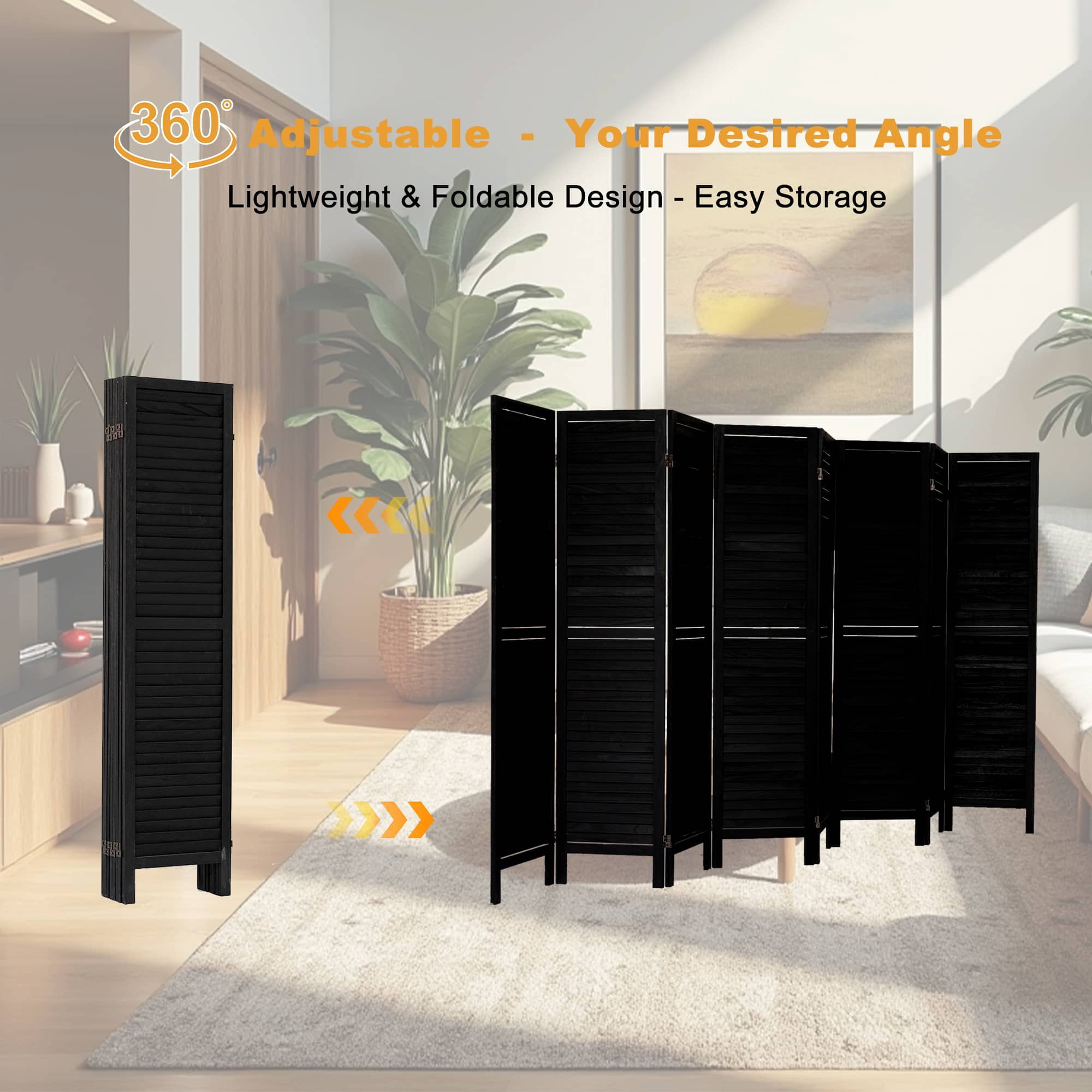 MAYEERTY 8 Panel Wood Room Divider, 5.6Ft Freestanding Louvered Divider Screen, Black