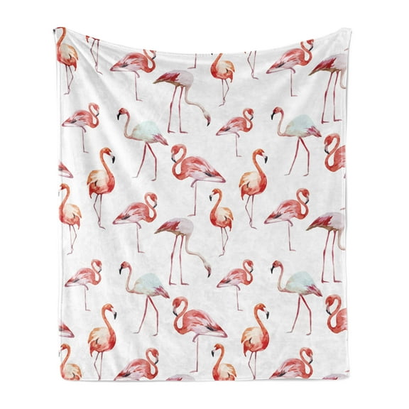 Flamingo Soft Flannel Fleece Throw Blanket, Watercolor Repetitive Pattern with Exotic Birds Animal Themed Image, Cozy Plush for Indoor and Outdoor Use, 70" x 90", Pale Pink Coral, by Ambesonne