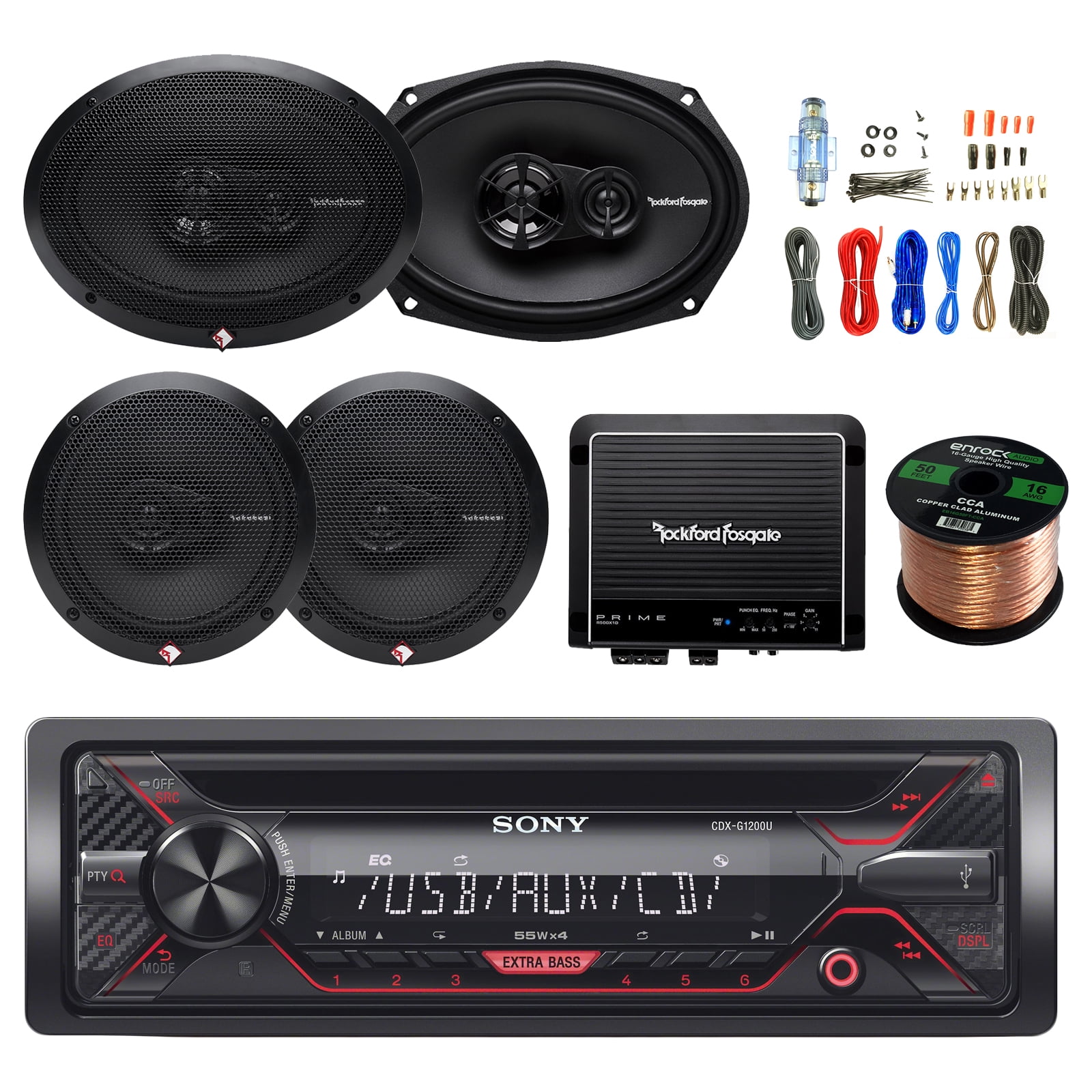 Sony CDXG1200U 55W CD Receiver,2X Rockford Fosgate R169X3 6 x 9 Inch 3