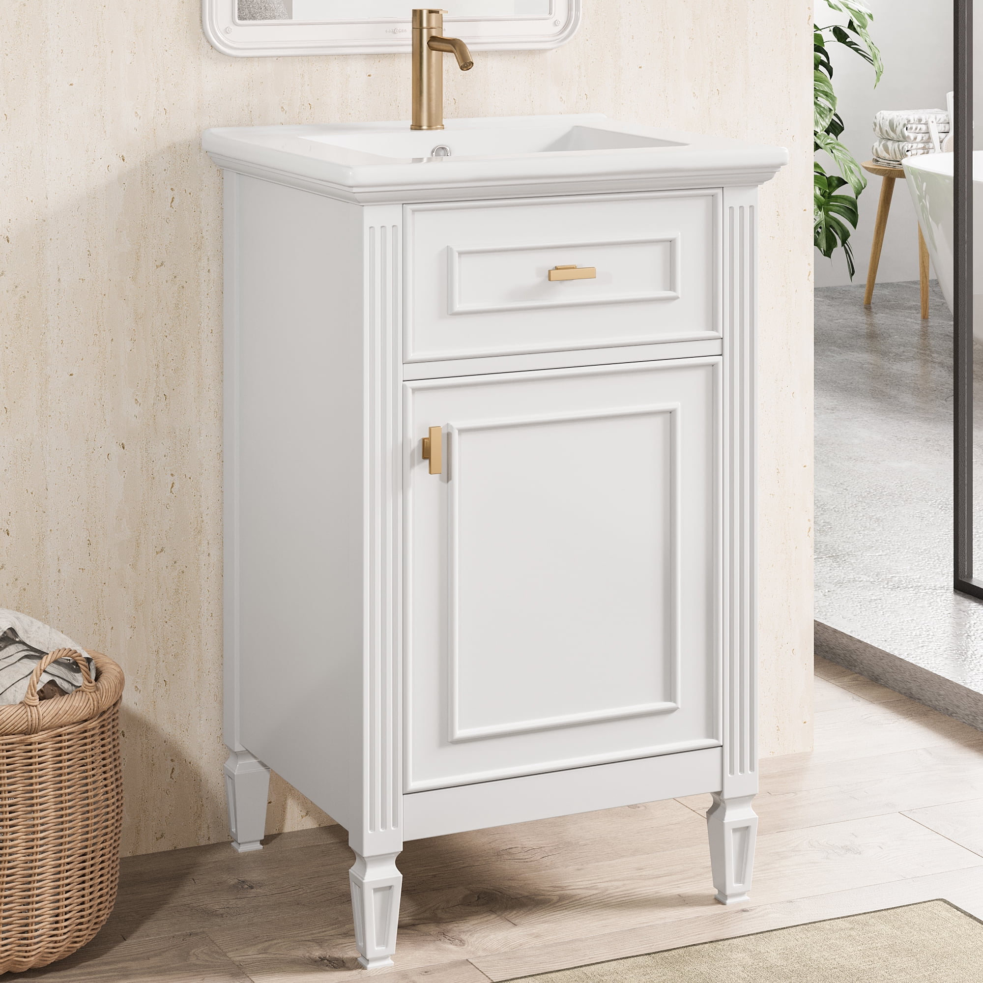 Euroco 20" Bathroom Vanity with Integrated Ceramic Sink, Soft-Close Hinges and Drawer Storage, Solid Wood Legs