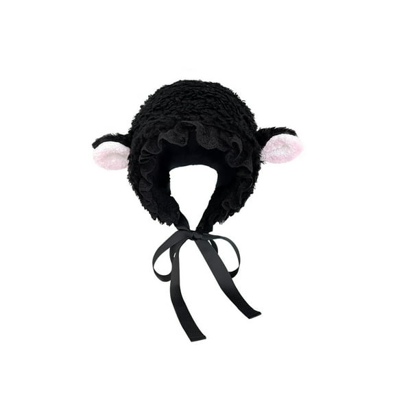 Soumake Ladies Hat Photo Prop Sheep Ear Decor Solid Color Fluffy Thick Keep Warm Windproof Adjustable Winter Hat for Students