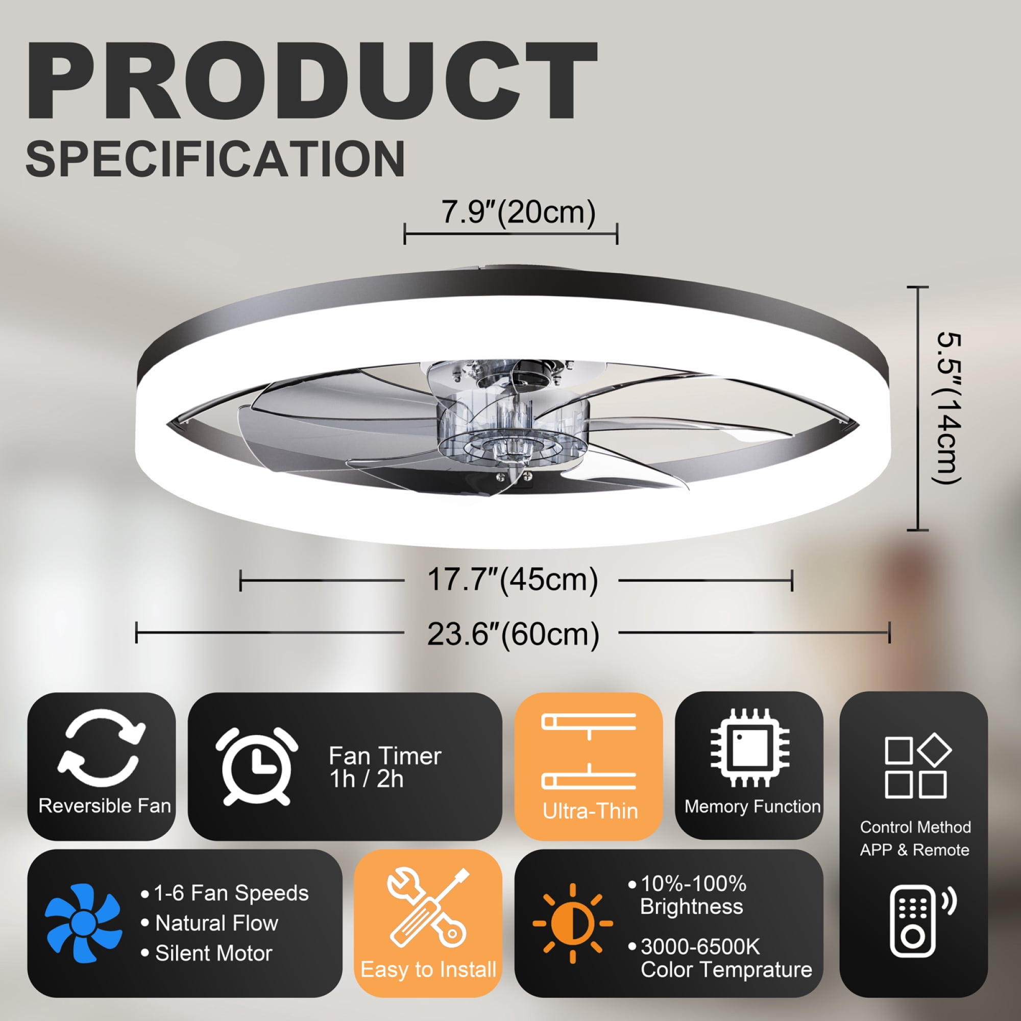 Leumius 23.6" LED Ceiling Fan Light with Remote and App Control, 6 Speeds, Dimmable Brightness, 3000K-6500K Color Temperature, Flush Mount Fandelier for Bedroom Black