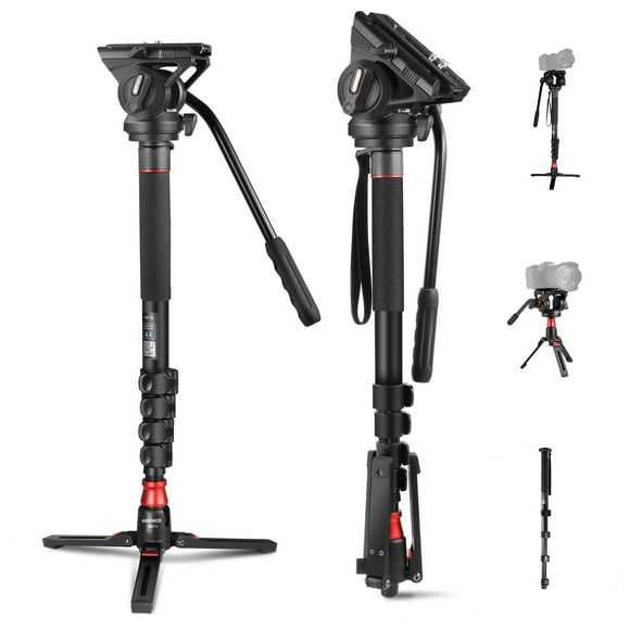 NEEWER Professional Camera Monopod with Feet, 70.5"/179cm Telescopic Portable Aluminum Travel Monopod with Pan Tilt Fluid Head and Removable Tripod Base for DSLR Camera