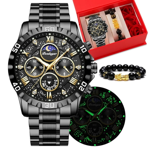POEDAGAR Men Watch Quartz Stainless Steel Luminous Pointer Chronograph Waterproof Male Watches