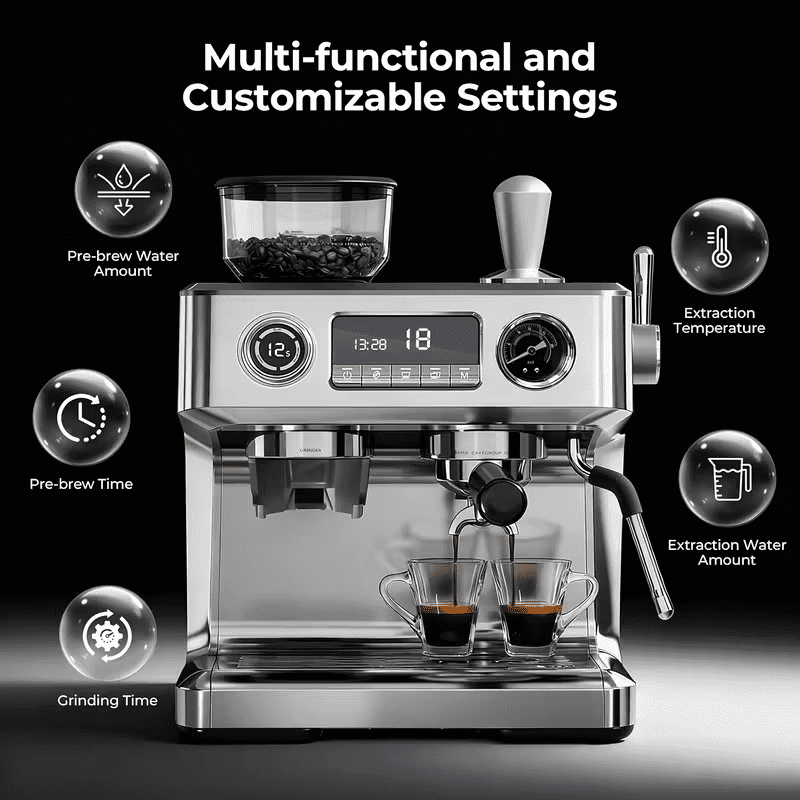 Auseo Espresso Machine with Grinder, Dual Boiler 20 Bar Espresso Machines with Milk Frother Steam Wand, Espresso/Cappuccino/Latte/Mocha, Commercial Espresso Coffee Machines, Stainless Steel