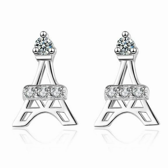 Bonjour Jewelers 18K White Gold Polished Small Eiffel Tower 4mm With Created White Sapphire 1/4Ct Earrings Plated